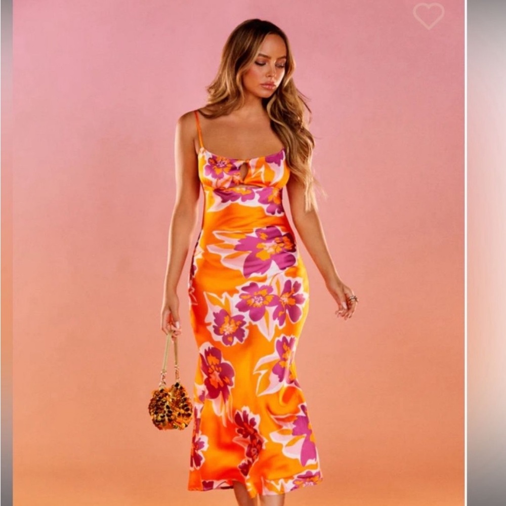 Vibrant Floral Midi Dress in Orange and Pink